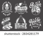 Vintage western emblems grace a dark background. Each design evokes rugged, historic American frontier spirit. Cowboy hats, boots, and mountain silhouettes dominate the scene. Icons suggest saloons