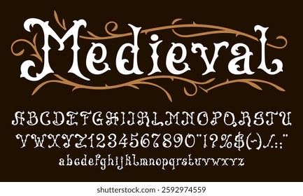 Vintage Western font, retro royal typeface, magic fantasy type, medieval pirate corsair alphabet with vector victorian floral frame. English alphabet letters and numbers set of vintage Western font