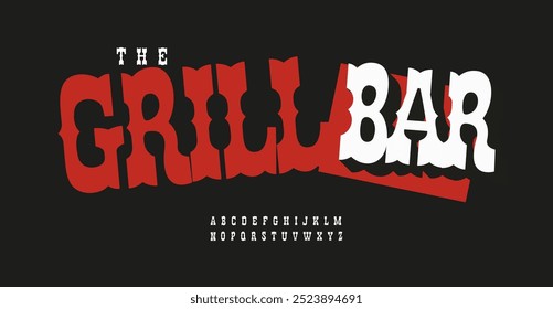 Vintage western font, rustic Texas alphabet, bold high cowboy letters for modern bar logo, BBQ cafe headline, tattoo salon, typographic saloon plaque. Vector typeset.