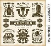 Vintage Western Labels And Badges Set. Editable EPS10 vector illustration in retro woodcut style with transparency.