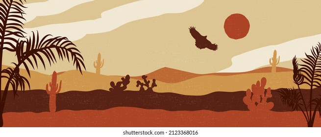 Vintage western landscape with hills, palm trees, cacti, birds and sunshine