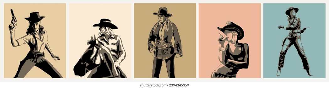 Vintage western posters with cowgirls vector art.