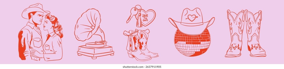 Vintage Western Romantic Set. Wild West hand drawn illustration with cowgirl and cowboy, disco ball, cowboy boots with bow. American retro doodle sketch for girly party, invitation.	