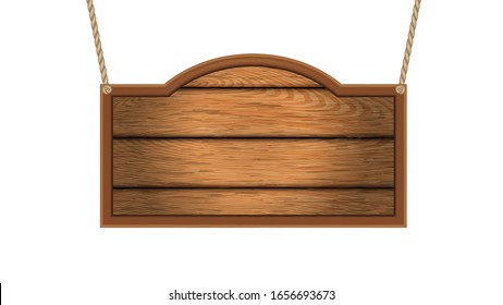 Vintage Western Saloon Advertise Nameplate Vector. Hanging On Ropes Saloon Or Rancho Name Wooden Plate. Building Exterior Decorative Detail Board Desk Concept Layout Realistic 3d Illustration svg