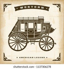 Vintage Western Stagecoach. Editable EPS10 Vector Illustration With Transparency In Retro Woodcut Style.