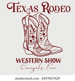 Impresión de la ilustración del rodeo del oeste de Texas de Antiguas con el eslogan retro de la tipografía y la ilustración de la bota del vaquero. Camiseta gráfica con capucha y diseño estampado de póster. 