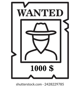 Vintage western wanted poster. Wanted poster cowboy hat.Vintage poster.Dangerous criminal.Outline vector illustration.Outline vector illustration.