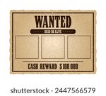 Vintage Western Wanted Poster. Empty space for crime photo. Cash reward of one hundred thousand. Vector illustration.