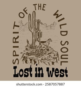 Vintage western wild west cowboys texas rodeo illustration print with retro typography slogan text for graphic tee t shirt sweatshirt hoodie and poster - Vector