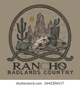 Vintage oeste selvagem oeste cowboys texas cabeça vaca crânio corda e cactus rodeio ilustração imprimir com slogan texto para T t camisa gráfico moletom capuz e cartaz - Vetor 
