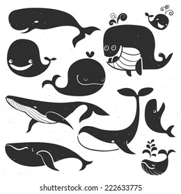 Vintage Whale Characters. Hand drawn vector illustration.