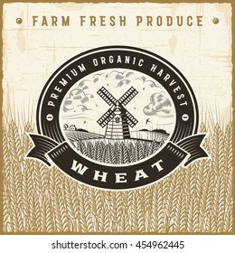 Vintage Wheat Harvest Label. Editable EPS10 Vector Illustration In Retro Woodcut Style With Clipping Mask And Transparency.