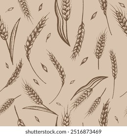 Vintage wheat pattern in a seamless design, cereal plants and oats on a brown background. Ideal for bakery decorations, the essence of autumn and organic growth with a retro, textured style. Not AI.
