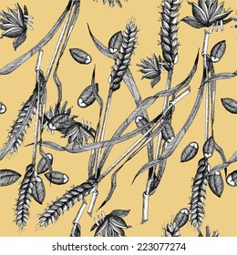 Vintage Wheat. Seamless  pattern with hand drawn plant