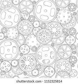 Vintage wheels of mechanical machine various sizes vector sketch seamless pattern background