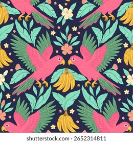 Vintage Whimsical Papagaio Banana Padrão Vetor Tropical Sem Costura Com Flores Rosa Folhas Exóticas Estilo De Verão