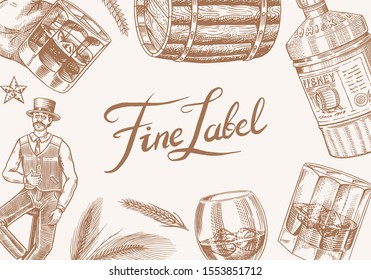 Vintage Whiskey Banner. Strong Alcohol Drink Background. Glass Bottle, Wooden Barrel, Scotch And Bourbon, Wheat And Rye, Victorian Man, Cheers Toast. Retro Poster. Hand Drawn Engraved Sketch.