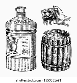 Vintage Whiskey Barrel, Glass Bottle For Scotch Bourbon In Hand For Cheers Toast. Strong Alcohol Drink. Wooden Cask. Hand Drawn Engraved Sketch For Poster, Badge. American Symbols.