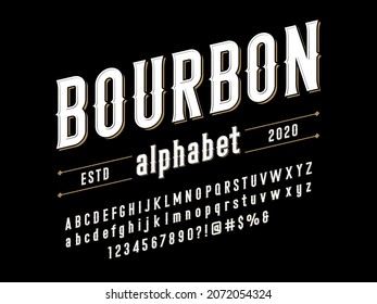 Vintage whiskey and bourbon label style alphabet design with uppercase, lowercase, numbers and symbols