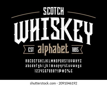 Vintage whiskey and bourbon label style alphabet design with uppercase, lowercase, numbers and symbols