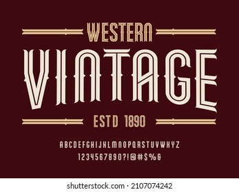 Vintage whiskey and bourbon label style alphabet design with uppercase, numbers and symbols