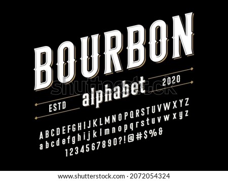 Vintage whiskey and bourbon label style alphabet design with uppercase, lowercase, numbers and symbols