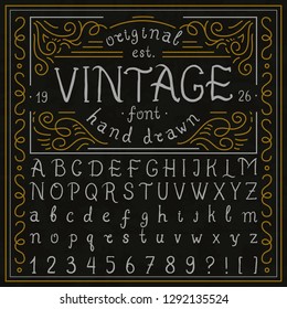Vintage whiskey font. Handwritten alphabet letters. Decorative Sign painter. Symbols types for labels, wedding cards and bourbon templates. Retro script typeface. Outlined version.