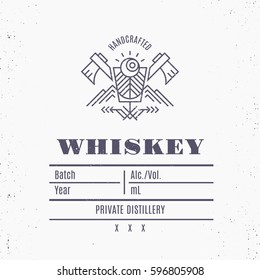 Vintage whiskey label design with ethnic elements in thin line style. Alcohol industry emblem, distilling business. Monochrome, blue on white. Place for text