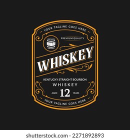 Logo de whisky vintage. Tipografía decorativa antigua diseño de marco ornamental para etiqueta de embalaje. Apropiado para el whisky, el vino, el vodka, el ron, la cerveza, la ginebra, etc.