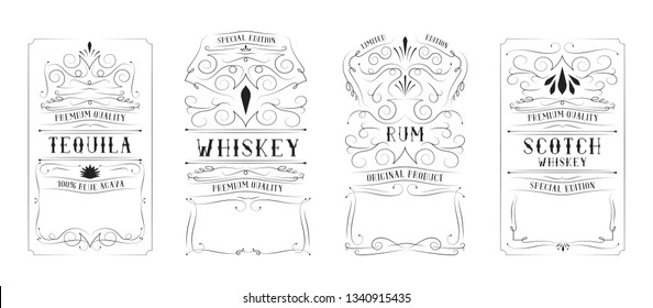 Vintage whiskey, rum, tequila, scotch label for bottle with lettering. Hand drawn alcohol frame typography border. 