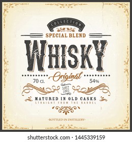 Vintage Whisky Label For Bottle/
Illustration of a vintage design elegant whisky label, with crafted letterring, specific product mentions, textures and celtic patterns, on blue and gold background