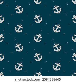 Vintage White Anchors on Deep Blue Nautical Pattern. Hand-drawn white anchors on a deep blue background with subtle dots create classic nautical, maritime-inspired design, perfect for coastal themes.