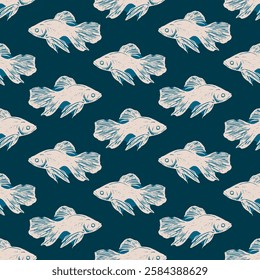 Vintage White Betta Fish on Deep Blue Ocean Pattern. Hand-drawn white betta fish with flowing fins on a deep blue background vintage marine-inspired pattern, perfect for ocean and aquatic themes.