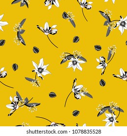Vintage white Blossom Floral pattern in the blooming botanical Motifs scattered random. Seamless vector texture. For fashion prints. Printing with in hand drawn style on summer yellow background Vintage white Blossom Floral pattern in the blooming botanical Motifs scattered random. Seamless vector texture. For fashion prints. Printing with in hand drawn style on summer yellow background