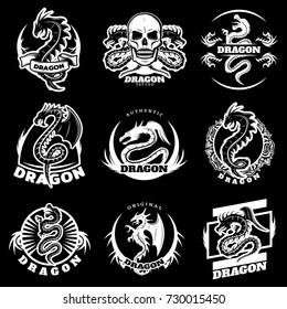 Vintage white dragon tattoo labels set with letterings fantasy reptiles skull flowers on black background isolated vector illustration
