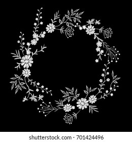 Vintage white embroidered flower wreath. Fashion elegant delicate design decoration print. Daisy chamomile beautiful field rustic wildflowers isolated. Greeting invitation vector illustration