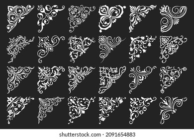 Vintage white floral corner borders, frame embellishment and victorian flourish adornments. Vector elegant retro filigree decoration for wedding invitation or certificate. Decorative corner borders