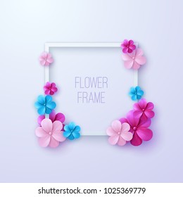 Vintage white frame with multicolored flowers. Vector illustration. Decoration element for wedding invitation. Spring or Summer ornament. Save the Date floral frame