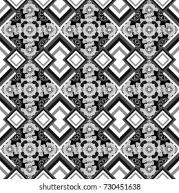 Vintage white, gray and black backgrounds with geometric and simple floral elements. Vector illustration. Retro seamless wallpaper pattern.