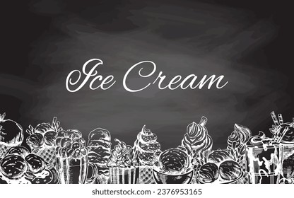 Vintage white ice cream template, hand-drawn on chalkboard background. The concept of dessert, a sweet dish in a vintage doodle style. A template with an empty space.
