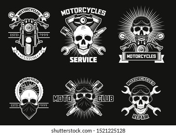 Vintage white moto skull logos, emblems, badges and labels, vector illustration isolated on black background. Motorcycle, biker skulls in helmet, goggles and face scarf, repair tools, text.
