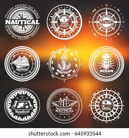 Vintage white nautical round labels with sailing and marine elements on bright blurred background isolated vector illustration