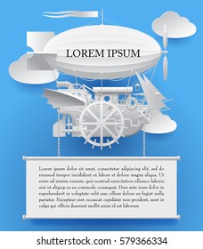 Vintage white paper steampunk template with a complex fantastic flying ship on blue. Web page design in retro style. Vector Illustration