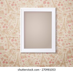 Vintage white photoframe on french fashioned wallpaper. Vector illustration