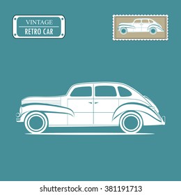 Vintage white retro car, classic garage sign, oldtimers collection. Vector illustration background. Can be used for design, invitations card.