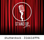 Vintage white silhouette microphone icon against red curtain backdrop. mic on empty theatre stage, vector art image illustration. stand up comedian night show background. realistic retro design eps10