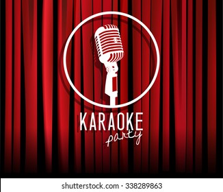 Vintage white silhouette microphone icon against red curtain backdrop. mic round sign on empty theatre stage, vector art image illustration. karaoke night show party background. retro style design