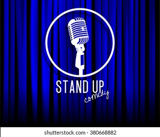 Vintage white silhouette microphone icon against blue curtain backdrop. mic on empty theatre stage, vector art image illustration. stand up comedian night show background. realistic retro design eps10