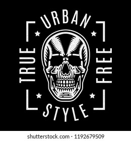 Vintage white skull. Cool print for t-shirt. Bizarre dead head. Retro design. Modern fashion. Urban style. True. Free.