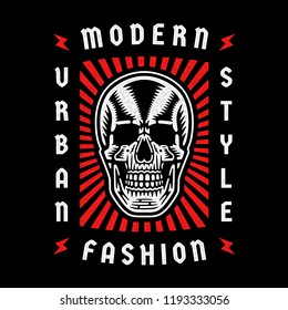 Vintage white skull. Cool print for t-shirt. Bizarre dead head. Retro design. Modern fashion. Urban style. 